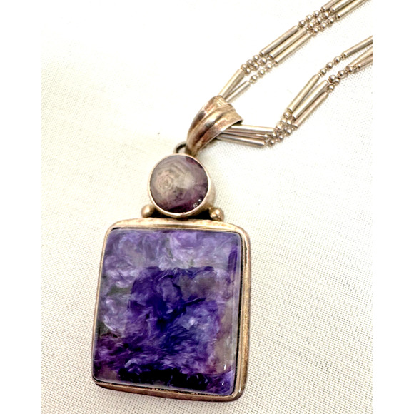 Native American Sterling Silver Purple Charoite Pendant Statement Necklace - Picture 2 of 13